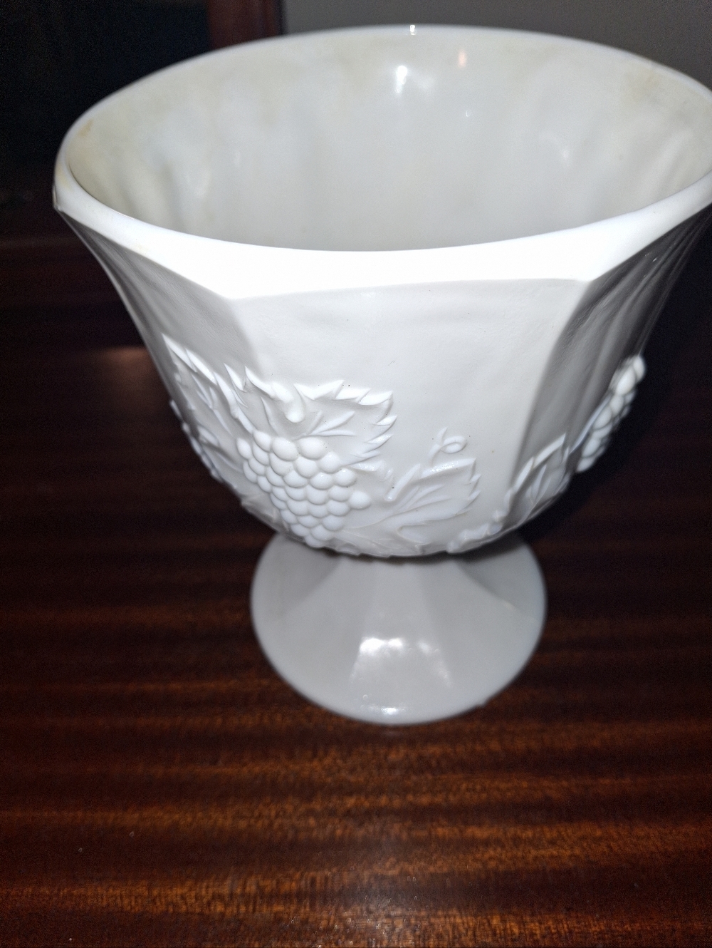 White Milk Glass Pedestal Compote with Grape Motif
